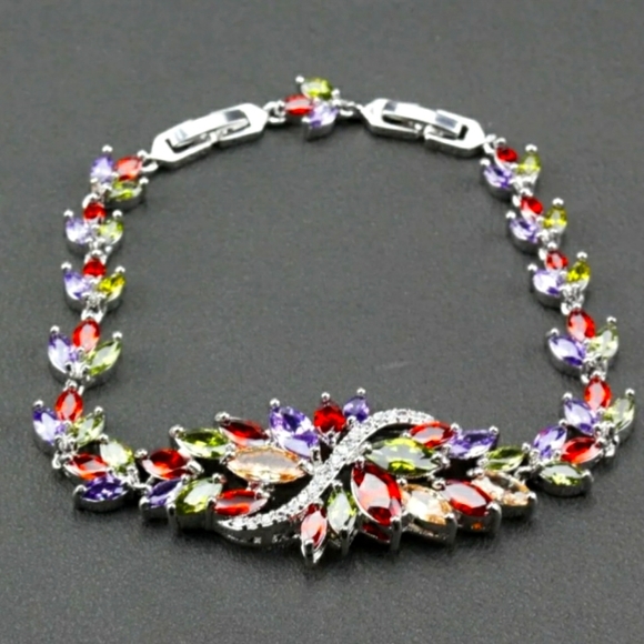 BEAUTIFUL Natural Multi-Gemstones Silver Bracelet - Picture 1 of 3